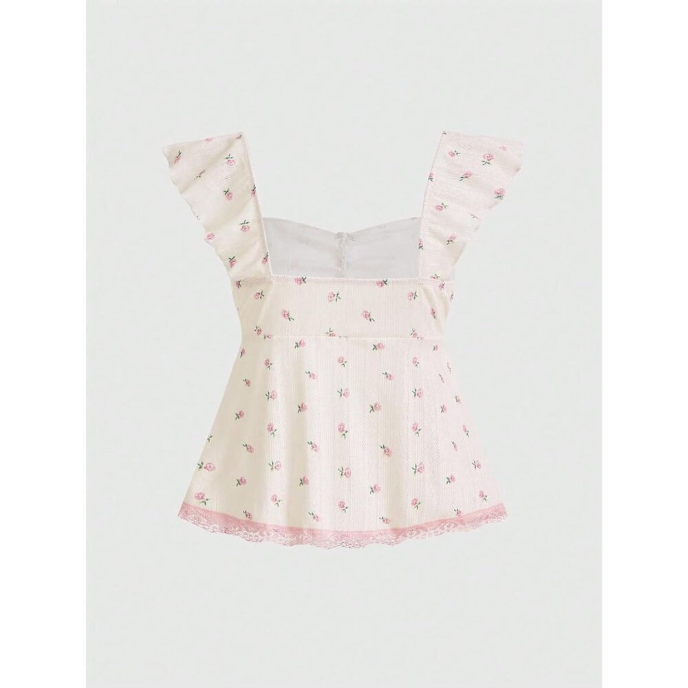 Women's Floral Print Lace Trim Cap Sleeve Sweetheart Neck Peplum Tee - Picture 2 of 5